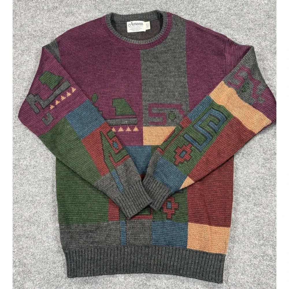 Vintage Wool 80s Crewneck Sweater Bill Cosby Grandpa Cabin Core Aztec Lodge Cozy